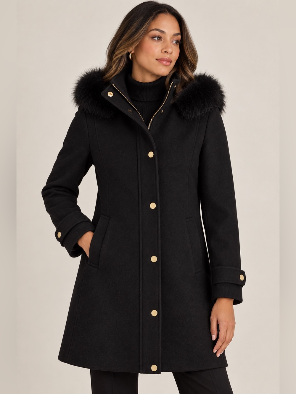 St. John Black Hooded Fur Trim Coat Size 2 Gold Hardware Luxury